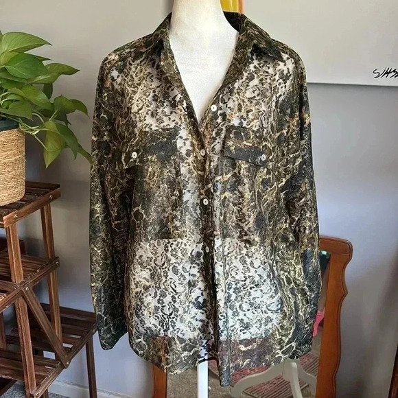 Zara Top Lace Animal Print Button Up - Picture 3 of 9
